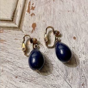 ✨ Vintage Blue Teardrop Dangle Clip-On Earrings✨Navy & Gold 🎀